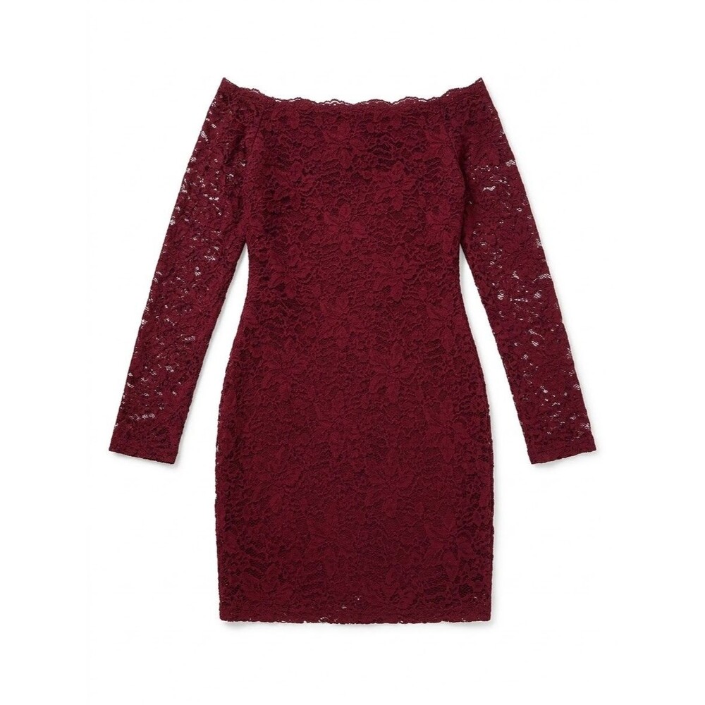 Fashion Nova Womens Burgundy Wine Red Lace Off The Shoulder Bodycon Dress Size S